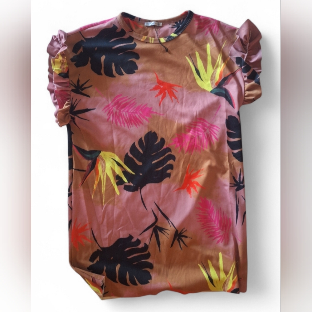 Zara Pink and Brown Tropical Ruffle-Sleeve Shift Dress - Picture 2 of 3
